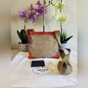💥Authentic💥PRADA LOGO JACQUARD Canvas Leather Shoulder Bag